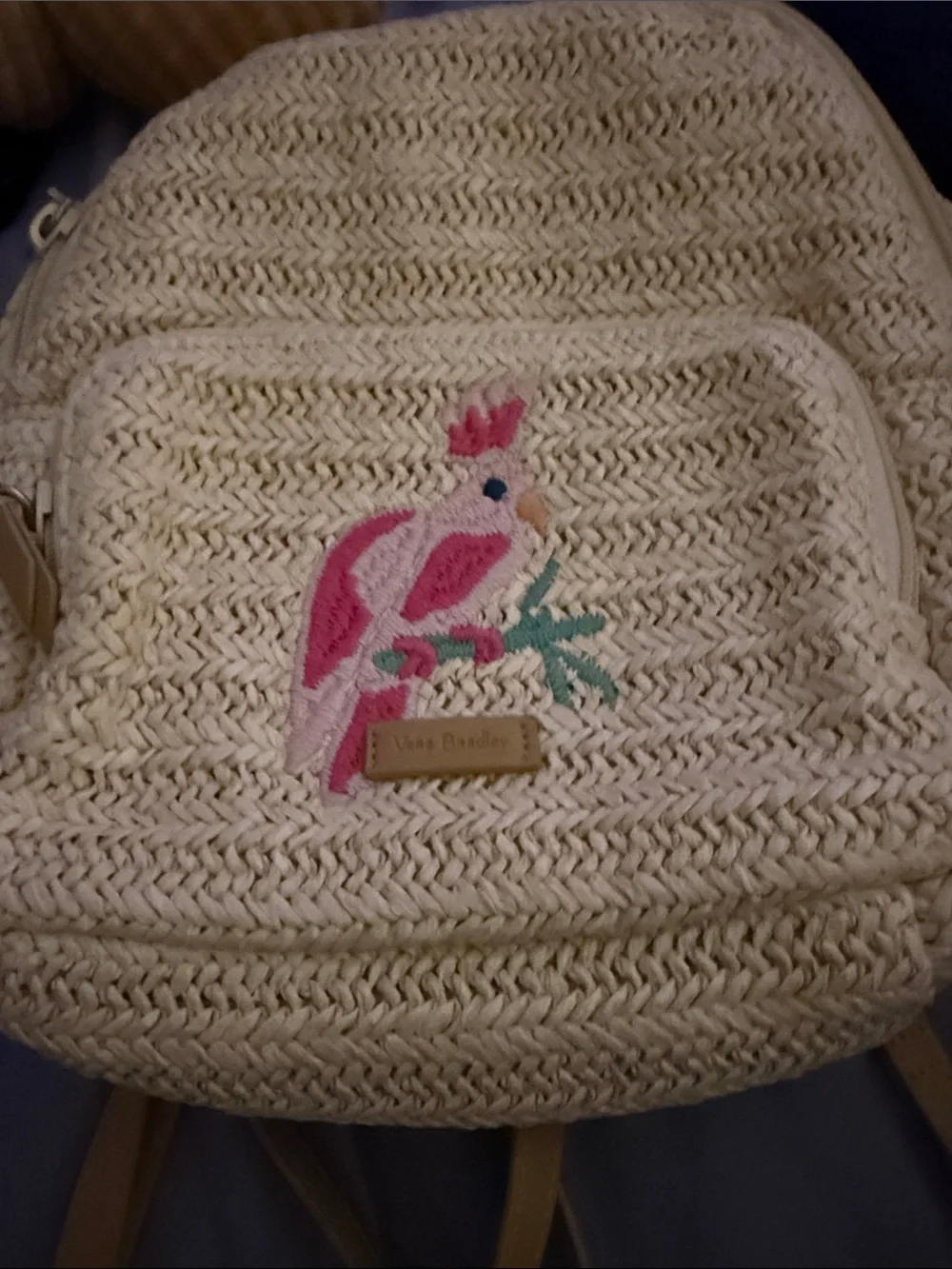 Vera Bradley Mini Cream Convertible Straw Backpack with Pink Parrot Accent